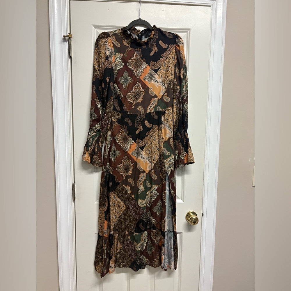 fab'rik Long Sleeve Patchwork Dress - Black, Brown, Green